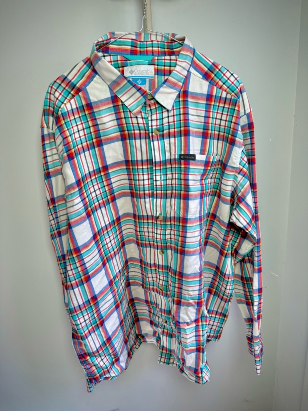 Columbia White Plaid Button-Down Shirt with Blue, Red, and Green Accents